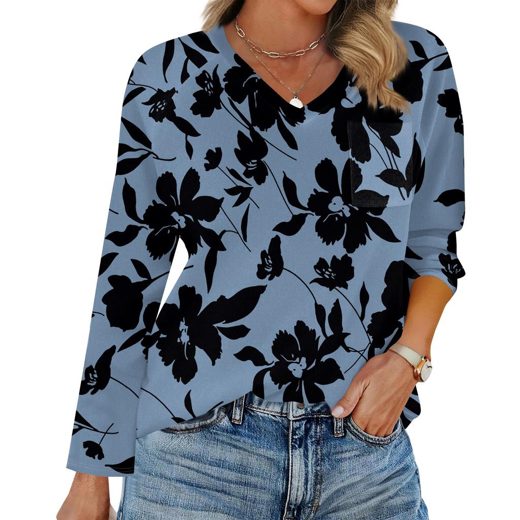 Dam Raglan Långärmad V-ringad T-shirt Sömnad Enfärgad Casual Topp Pullover V-ringad Ficka Underdel