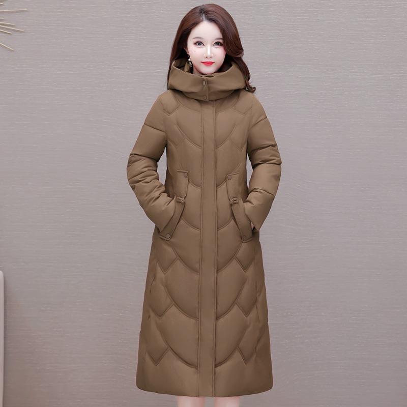 

Зимовий жіночий бавовняний одяг з капюшоном, жіночі довгі приталені куртки з бавовняною підкладкою до коліна, теплозберігаючий пуховий бавовняний одяг, жіночі куртки L хакі