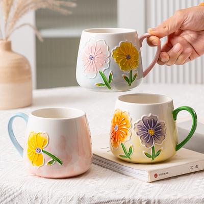 Unique Hand-painted Ceramic Mugs Coffee Cup with a Creative Flower Relief Design for Breakfast and Milk