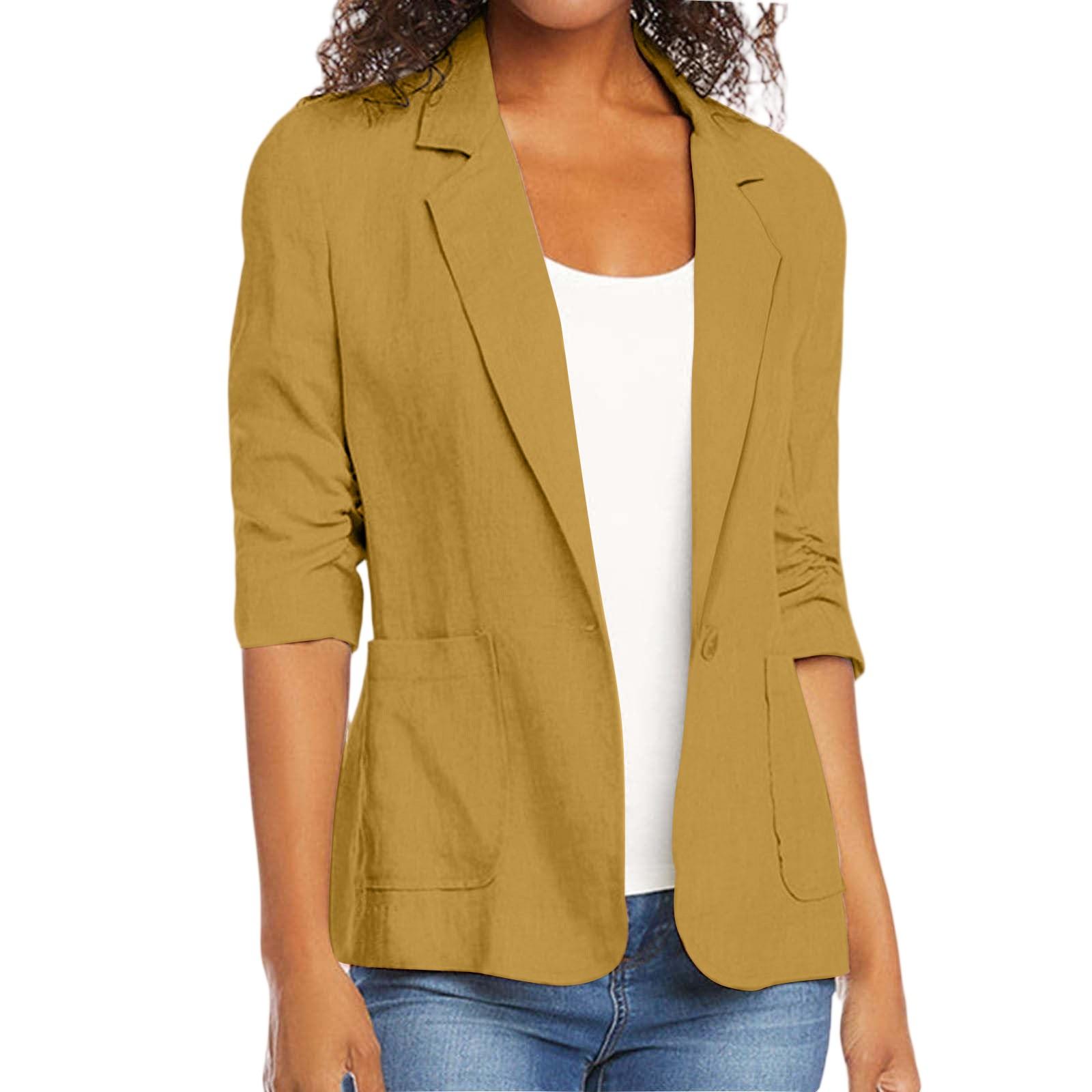 

Женский модный однотонный костюм с рукавом 3/4 и карманами, повседневный жакет в стиле лацкана XL жёлтый