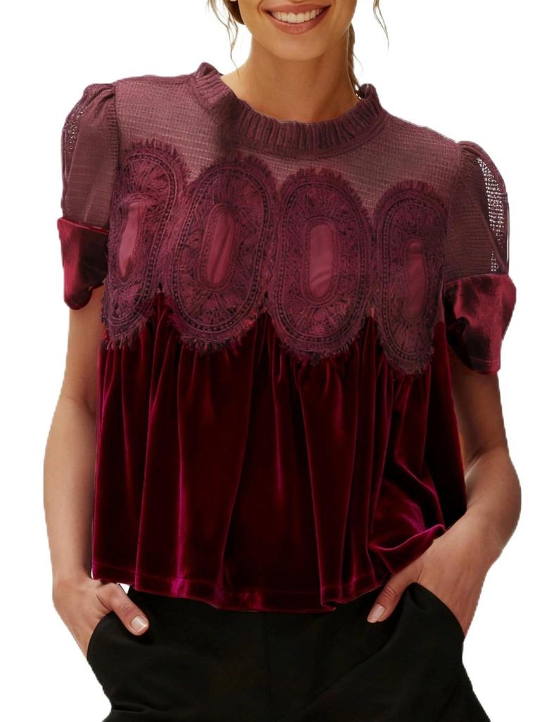 Women's Elegant Velvet Lace Round Neck Bell Sleeve Top