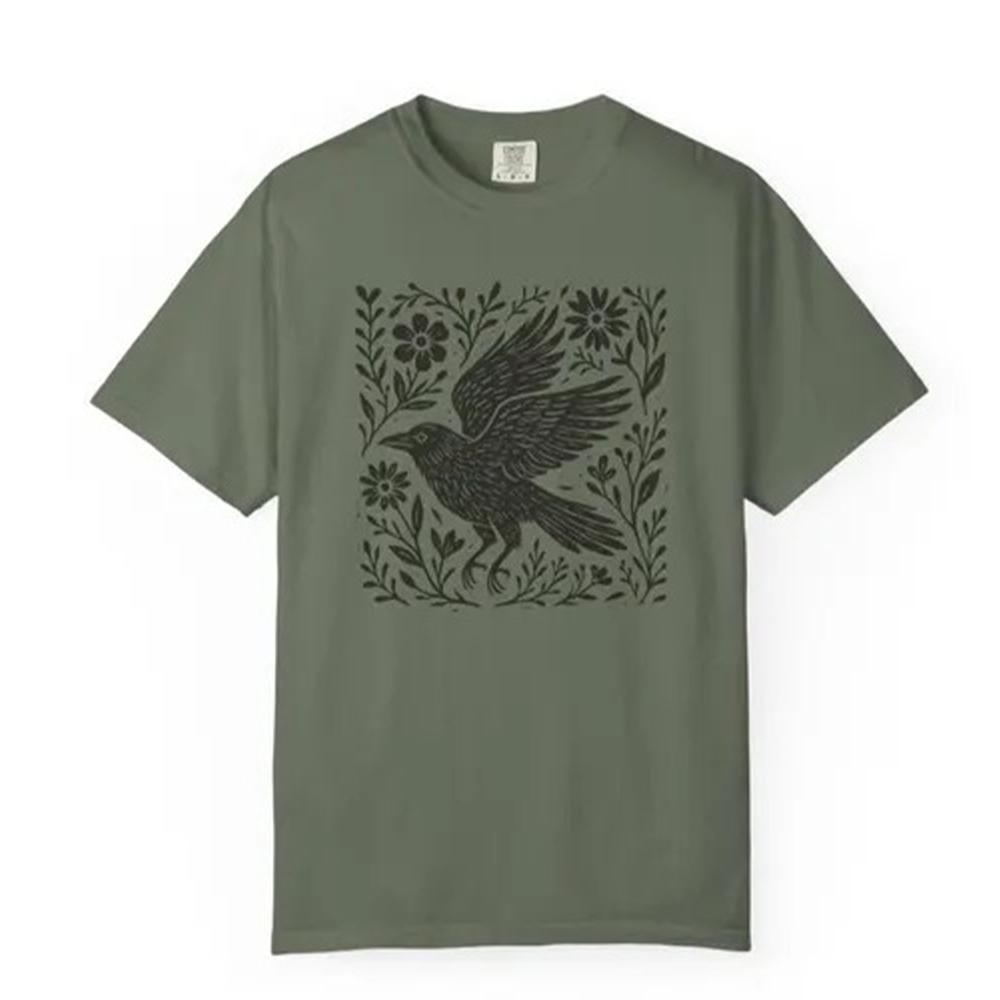 Retro Folklore Waldkrähe Linolschnitt Hemd Volkskunst Linolschnitt Krähe T-Shirt Kurzarm Baumwolle Unisex Y2K Lässiges Oberteil Streetwear