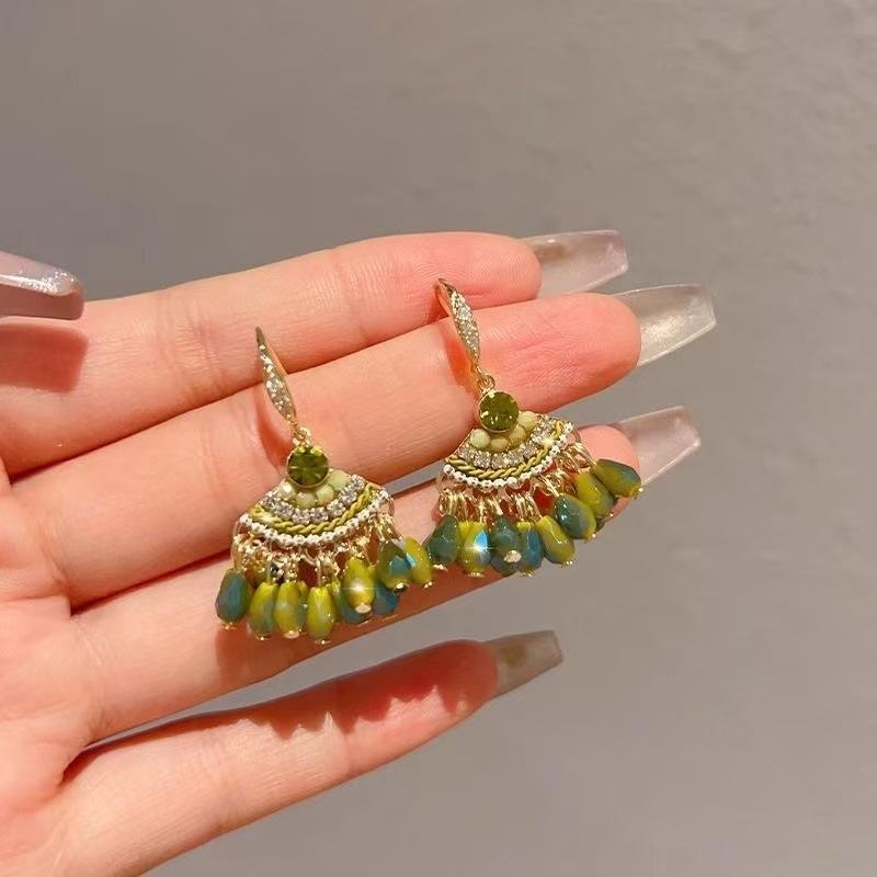 Alloy Crystal-Imitation Earrings Tingyanyu Green Vintage Fan-shaped Bohemian Ethnic Style Vacation Style Earrings