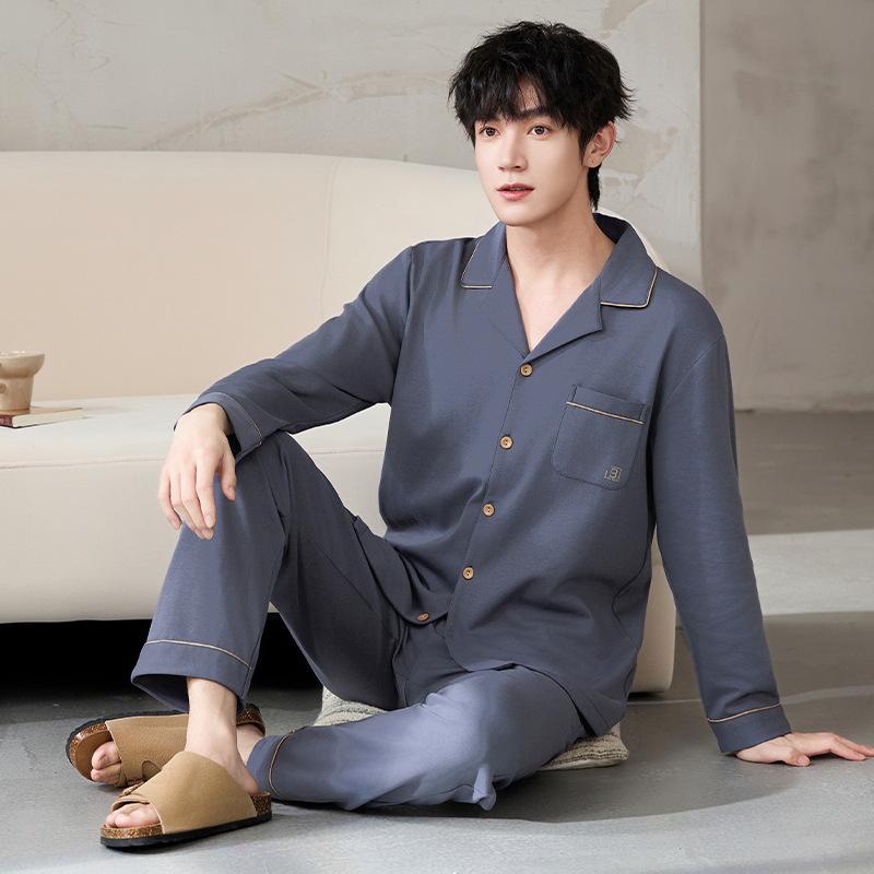 Antibakterieller Herren-Schlafanzug aus reiner Baumwolle der Klasse A – Langarm-Strickjacke für Frühjahr/Herbst 2025, lässige Heimkleidung