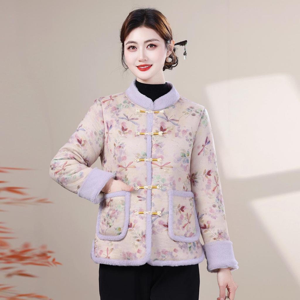 Winter Retro Chinese-Style Jacket with Frog Buttons - Warm, Thick, Plus-Size Velvet Cotton for Mothers