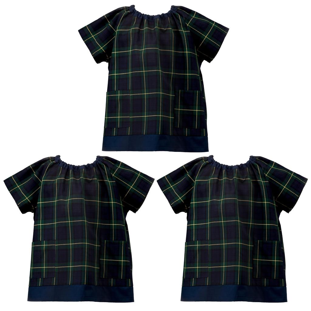 COLORFUL CANDY STYLE Short Sleeve Smock Tartan Check Dark Green Set of 3 for Girls and Stylish Short Sleeve Kindergarten Elementary School Calligraphy