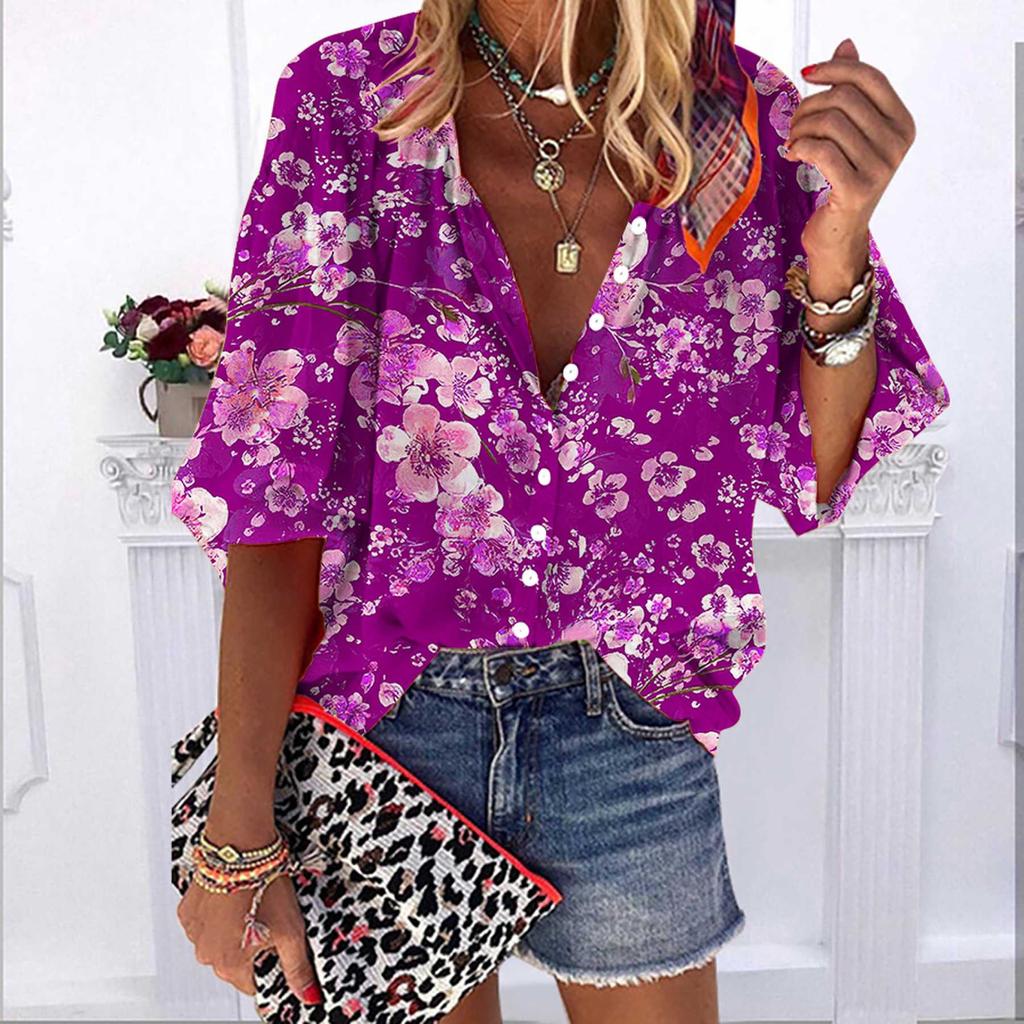 2023 Summer Autumn New Fashion Women's Tops Orange Plum Printed Half Sleeve Casual Plus Size Button-down Shirt with Bubble Sleeves