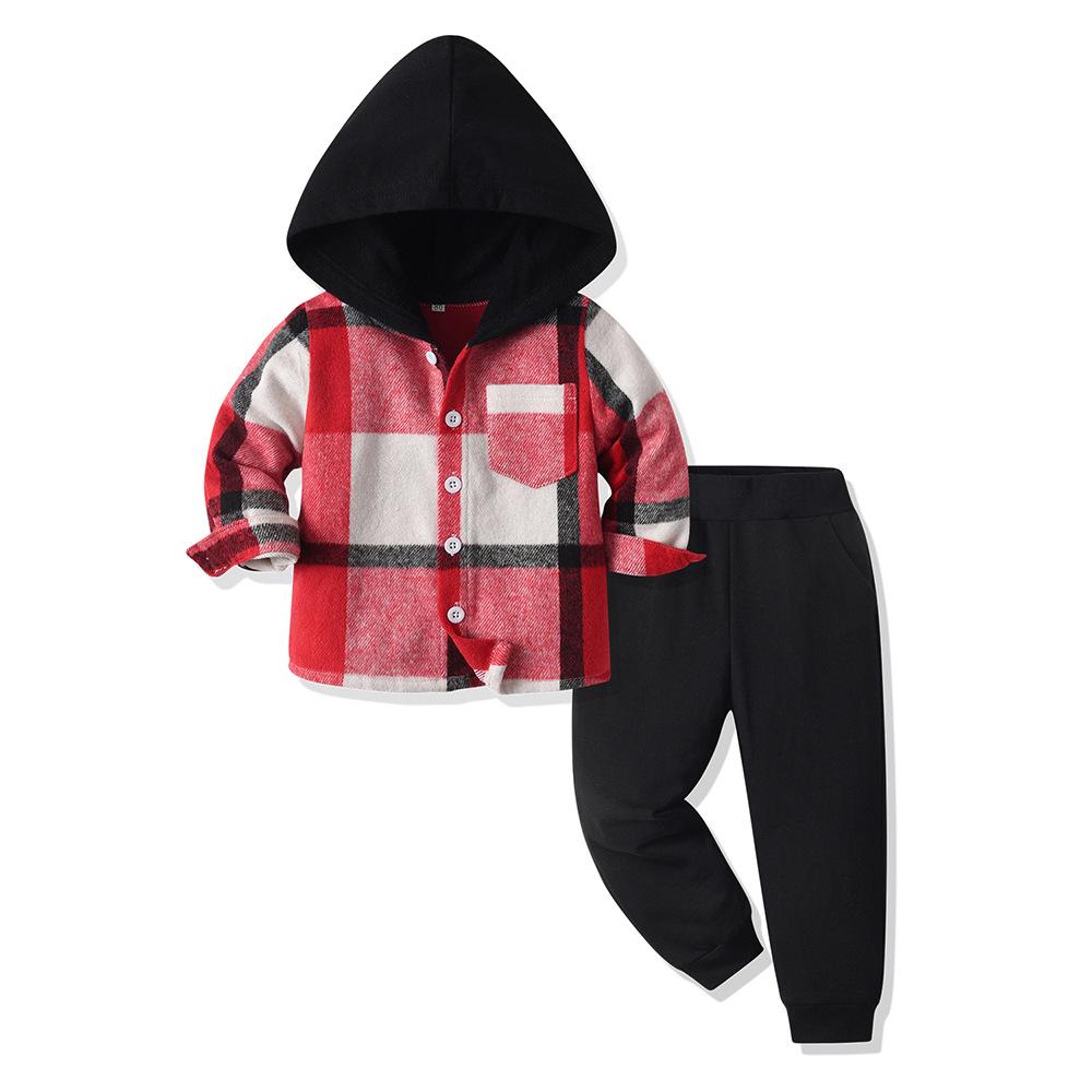 Children's Single-breasted Hooded Long-sleeved Plaid Top and Casual Pants Two-piece Set Spring