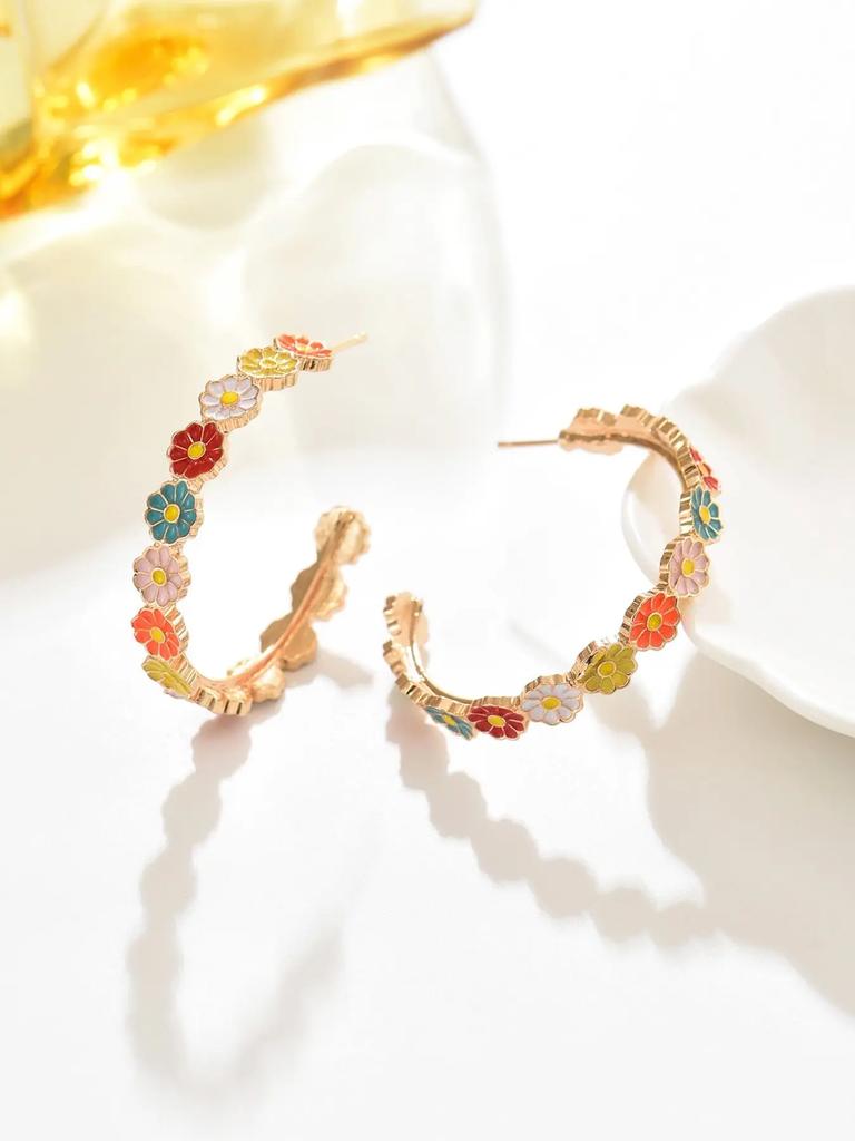 Fashion Floral Design Resin Druzy Hoop Earrings, Cute Women’s Earrings – Natural Craft Variations May Apply