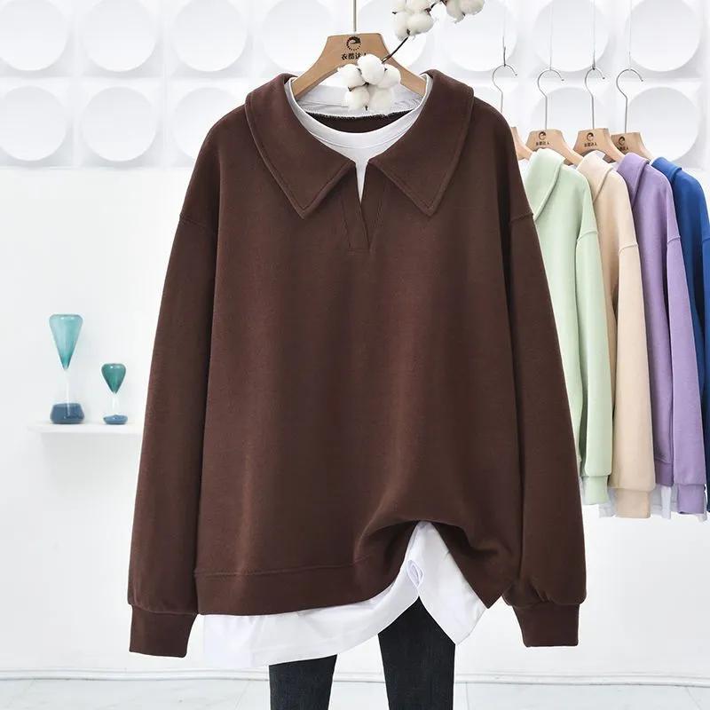 Sweatshirt for Women Pullover Long Sleeve Faux Two-Piece Oversize Solid Color Loose Casual Sweatshirt Top