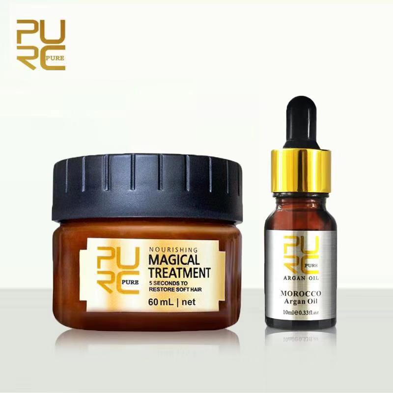 PURC Haarmaske plus ätherisches Öl aus Marokko, Forrest Gump Oil, weiche und glänzende Haarspülung, nährendes und reparierendes, flauschiges Set