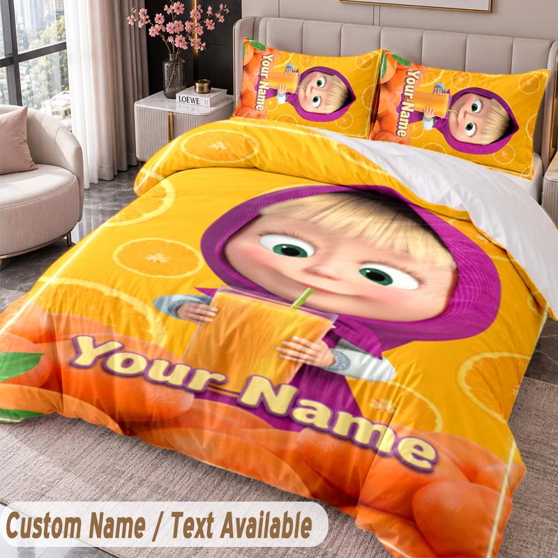 Custom Name Text 3Pcs Bedding Set Masha and the Bear Duvet Cover And Two Pillowcases