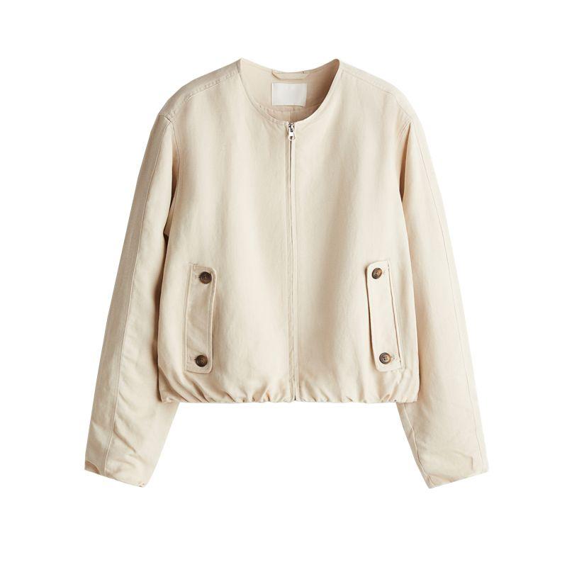 

Spring New Women s Clothing Casual round Neck Long Sleeves Linen Blend Pilot Jacket Outwear 1262913 Light Beige L