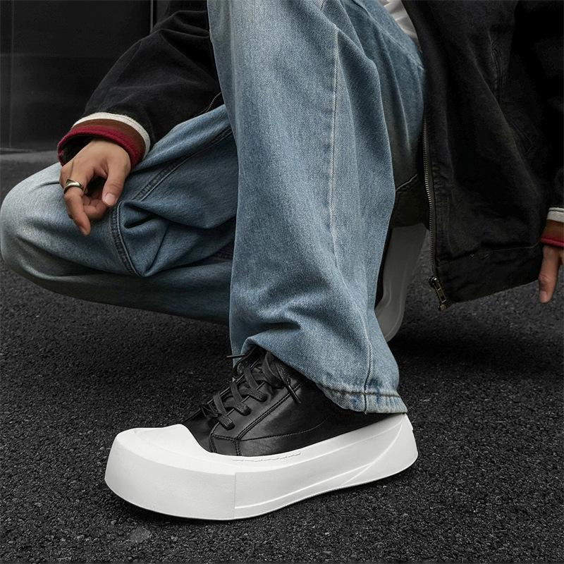 Couple round head derby shoes niche thick sole heightening casual board shoes men's and women's white shoes black trend 66642-M