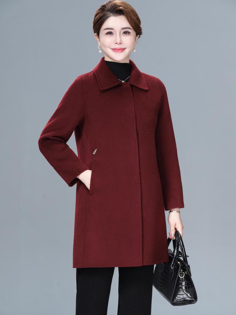 Women's Plus Size Mid-Length Wool Coat - Double-Sided, Fashionable Autumn/Winter Outerwear for Middle-Aged and Elderly