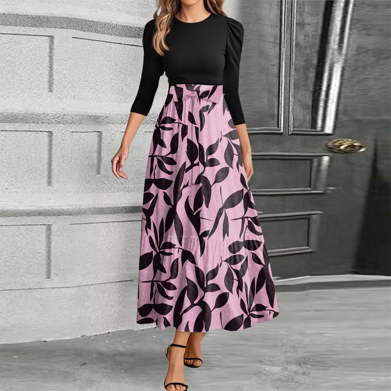 

Women s Fashion Casual Belt Round Neck Floral Stitching Elegant Temperament Three-quarter Sleeve Dress M