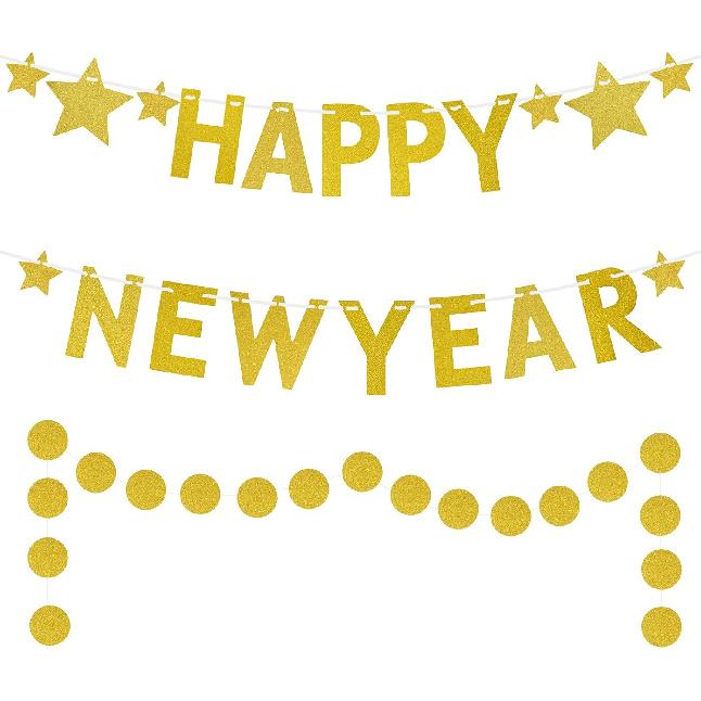 Gold Glittery Happy New Year Banner and Gold Circle Dot Garland Paper Happy New Year Sign 2026 New Years Eve Party Supplies for New year Party