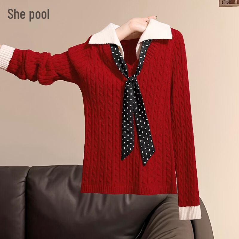 Women s Color Block Turn-down Collar Twist Knit Sweater One Size