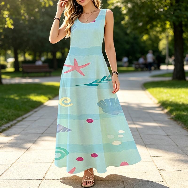 Women's Fashionable Ocean Theme Sleeveless Maxi Dress Summer Beach Vacation Versatile Comfortable Dress for Adult Women Daily Wear