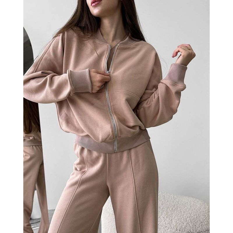 

Amazon Cross-Border European and American Women s Clothing Spring and Autumn Fashion Pure Color Zipper Patchwork Cardigan Straight-Leg Pants Suit Suit Camel color XXL