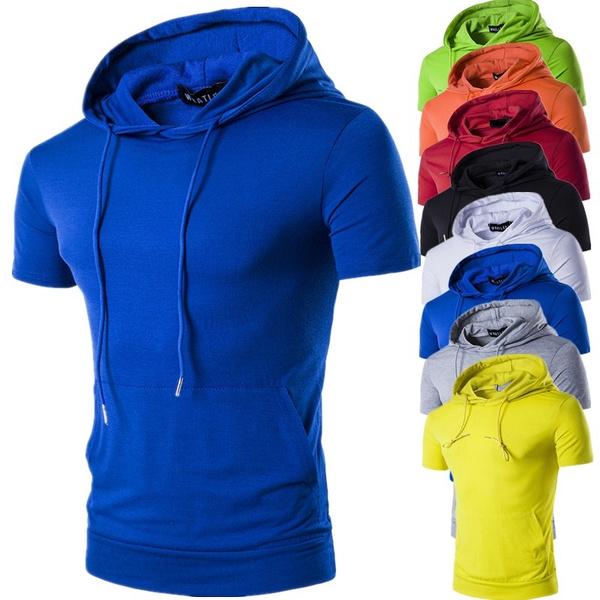 

Summer Men s Hooded Casual T-shirt SLarge Pockets Pure Color Large Size Short Sleeve T-shirt S-XXL