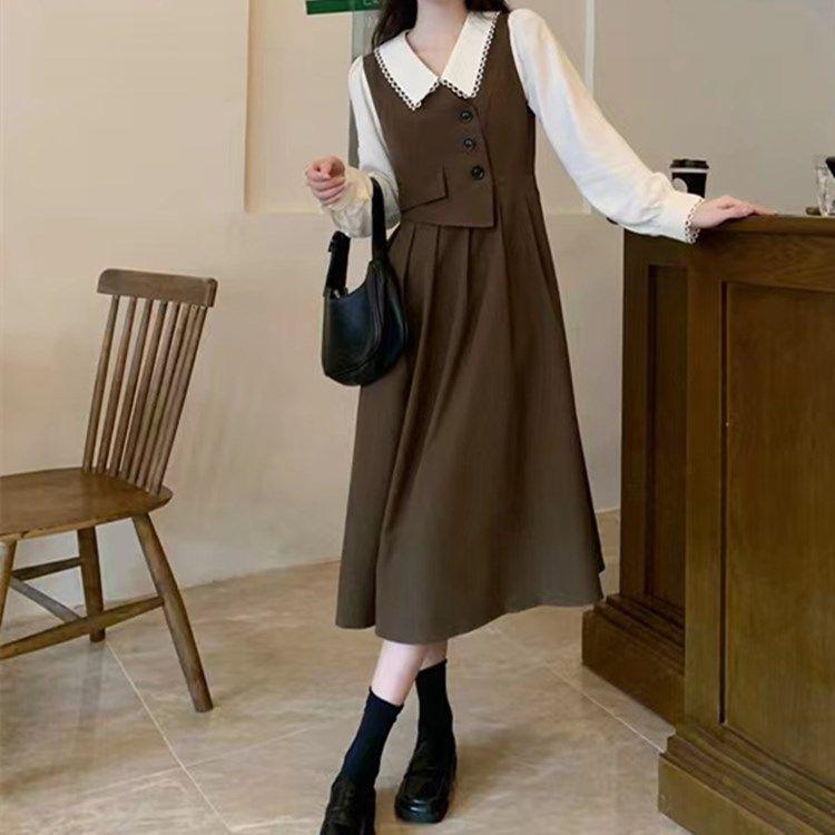 Doll Collar Vest Patchwork Fake Two Piece Dress Chubby Sister Looks Thin Artistic Style Long Skirt