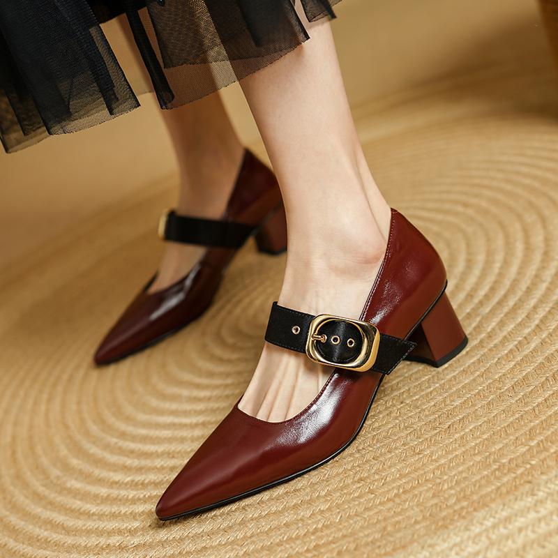 Fashion 2025 New Spring Women Pumps Pointed Toe Genuine Leather Women Shoes Buckle Strap Mary Janes Ladies Shoes Cowhide Leather