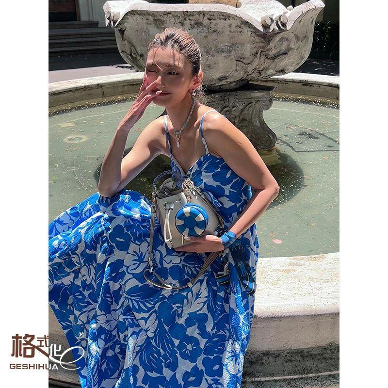 

Nanfa Holiday Cut Out Bows Suspender Skirt Blue Tropical Rainforest Style Dress Island Holiday Beach Skirt Blue 160/84A