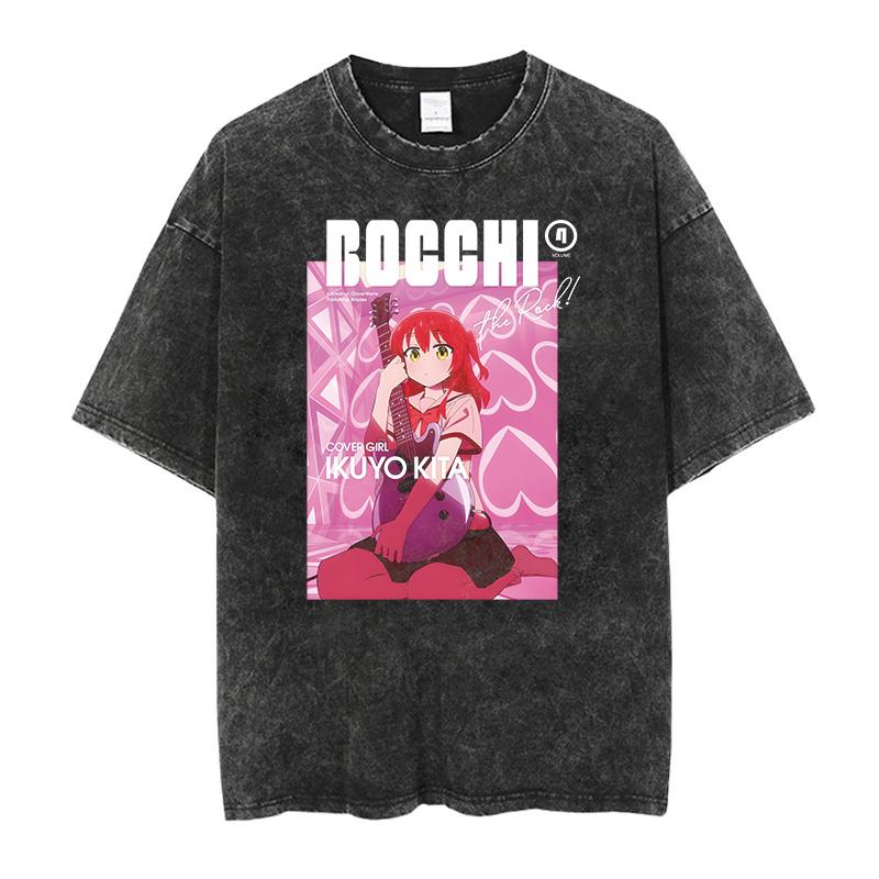 Women's Oversized Printed T-Shirt Bocchi Club Music Band Anime Bocchi Rock Cotton Top T-Shirt Washed Retro T-Shirt