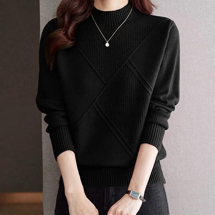 

Women Solid Half High Collar Cashmere Sweater Autumn Winter Loose Plus-Size Knitted Wool Casual Sweater Bottoming Shirt 2XL