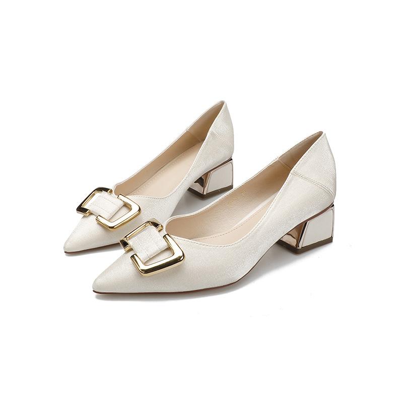 

Coarse heel single shoes women s middle heel square heel new light mouth satin gentle shoes red wedding shoes pointed high heels 39 бежевый