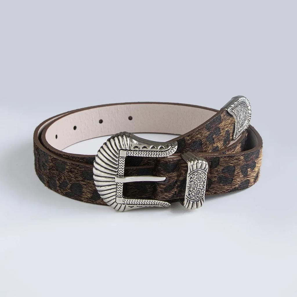 Dopamine Western Buckle Belt–European & American Retro Style Carved Design Imitation Horse Hair with Leopard Print for Fashion