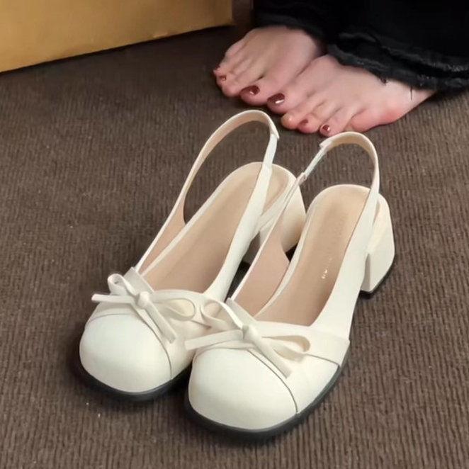 French Bag Head Thick Heel Single Shoes 2025 Summer New with Skirt Fairy Style Bow Round Head Fashion Sandals Women