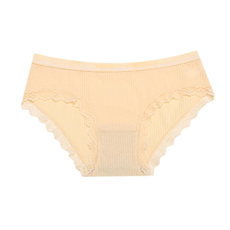 

Ladies Summer Sexy Lace Edge Pure Color Stripe No Trace Cotton Antibacterial Crotch Waist Underwear XL бежевий