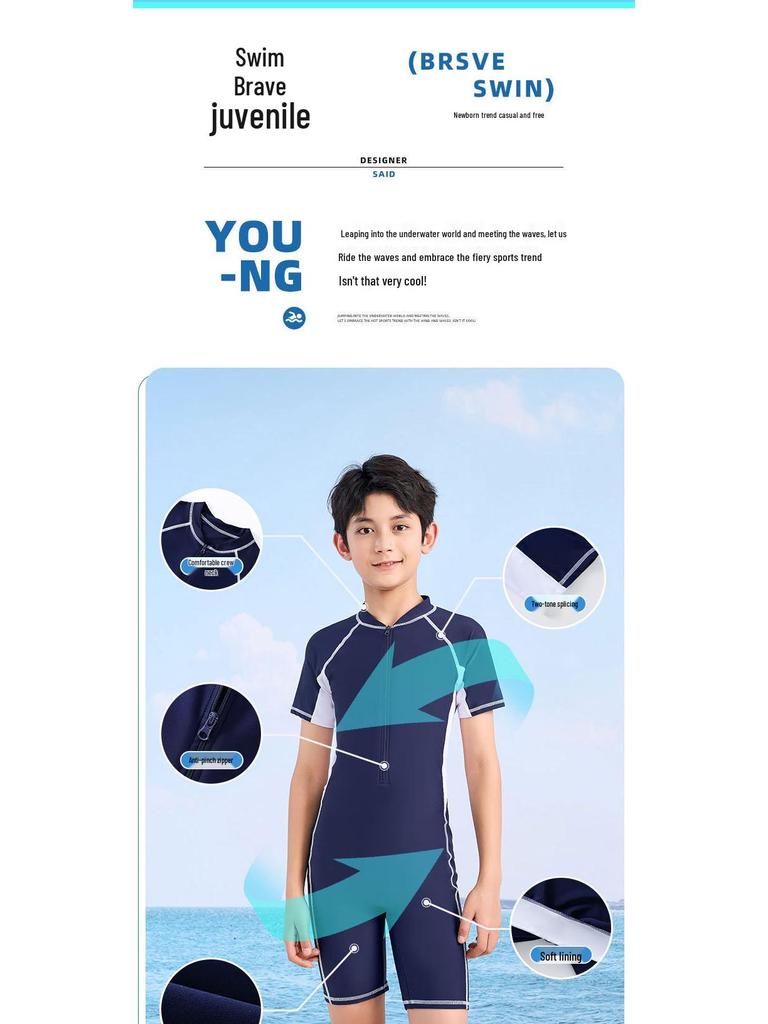 Boys' Quick-Dry One-Piece Training Swimsuit with Sun Protection for School Teens