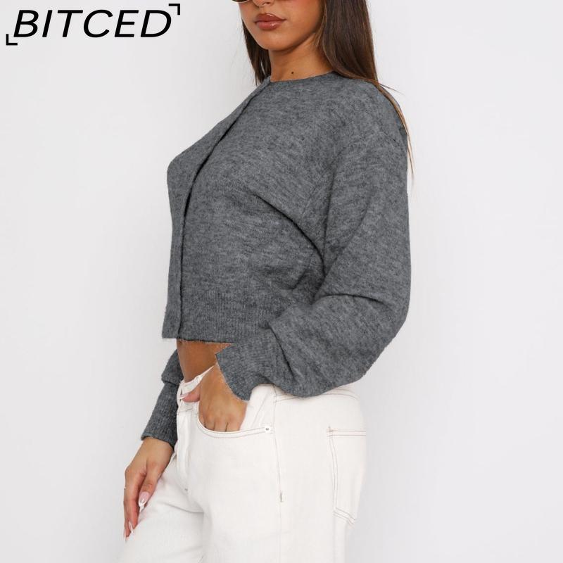 BITCED Women's Comfortable Casual Solid-Colour Knitted Single-Breasted Cardigan Short Jacket Sweater Top