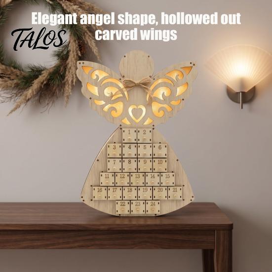 Christmas Light Up Decor Wooden Angel Advent Calendar with 24 Storage Drawers, Countdown for Home to Tabletop Decoration Winter Holiday Party Favors