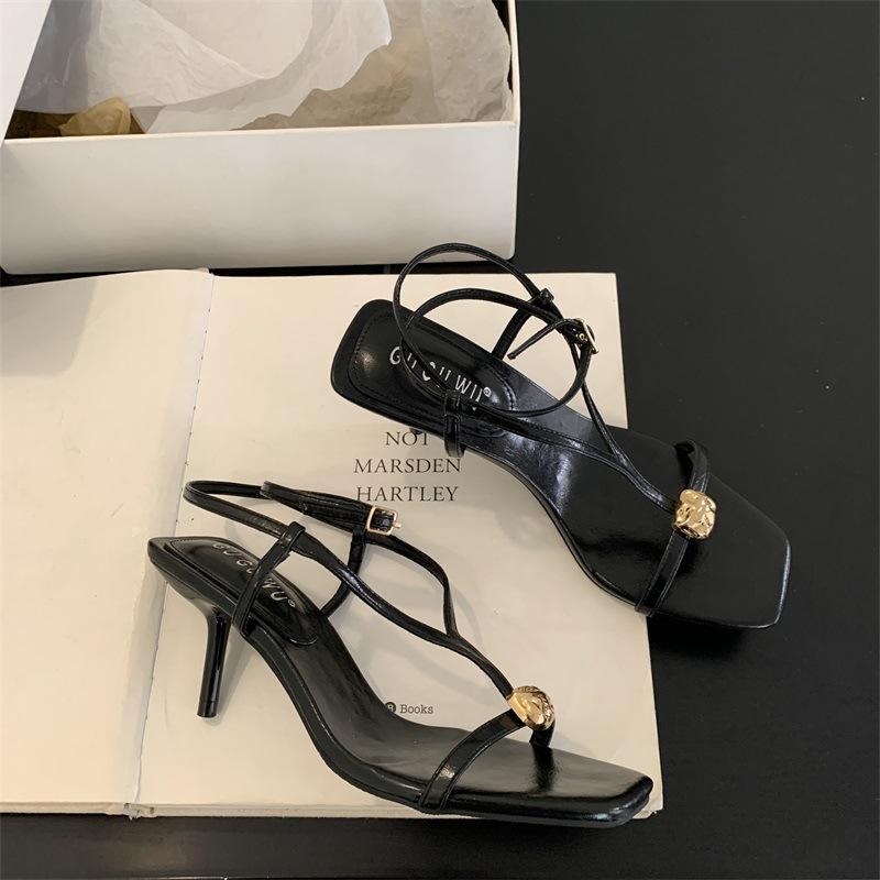 Metal Buckle One-word with Square Head Thin Heel Open-toed Women's Shoes 2025 Summer New Thin Strap Celebrity Sandals with Skirt Shoes
