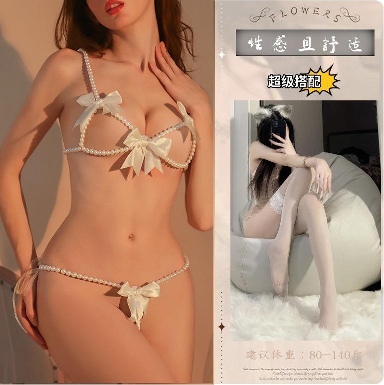 Night sex underwear sexy three-point temptation bare chest open passion bed free pearl suit underwear