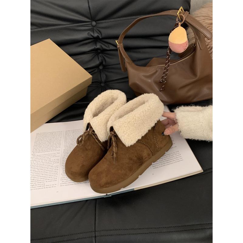 

Simple soft sole winter thick sole round head snow boots women s lapel lace-up ugly cute short boots plush warm fluffy shoes 35 жёлтый