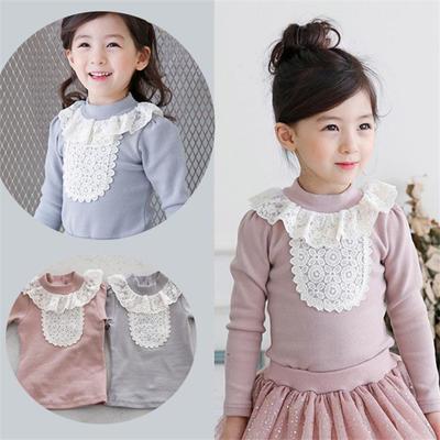 Mädchen Baumwollfleece Langarmshirt mit Spitzenbesatz - Herbst/Winter Halboher Kragen