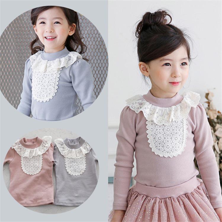 

Девочки, хлопковый флис, топ с длинным рукавом и кружевной отделкой - Осень/Зима, полувысокая горловина 100cm фиолетовый