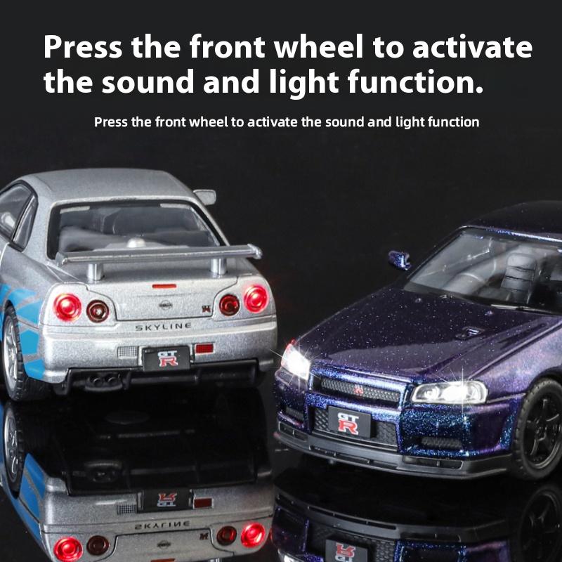 1/32 Nissan GTR R34 Skyline Supercar Alloy Metal Diecast Car Model Sound & Light Holiday Boyfriend Gift Collect Hobby Ornaments