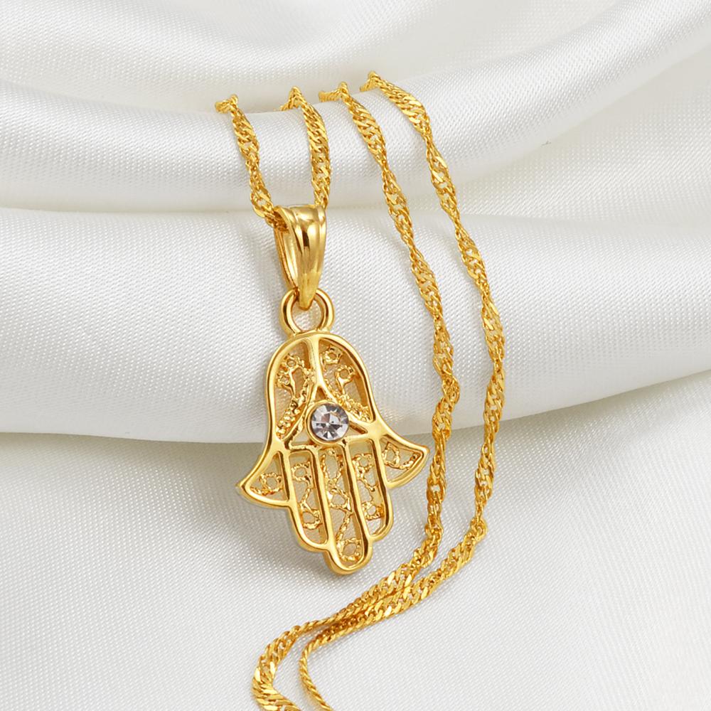 Anniyo Small Hamsa Hand Pendant and Necklace for Women/Girl Gold Plated Jewelry Arab Middle East Palm Shaped Ethnic #059202 45cm or 17.7 Inches