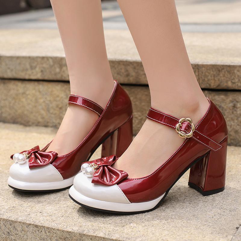 Spring sweet bow high heel color matching one-button Mary Jane shoes