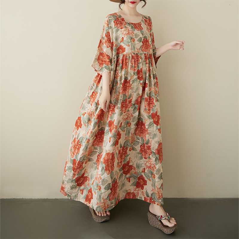 

Женское ретро платье с круглым вырезом, короткими рукавами и свободным кроем One size