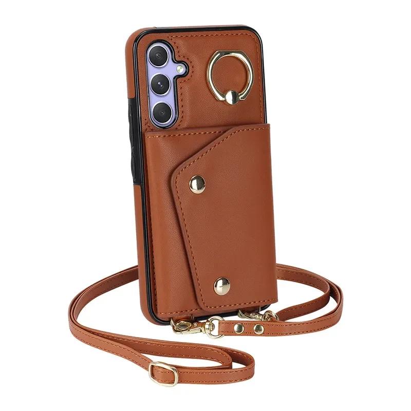 Crossbody Ring Leather Zip Wallet Phone Case for Samsung Galaxy S26 Ultra S25 FE S24 Plus S23 S22 S21 Note 20 Lanyard Cover Bag
