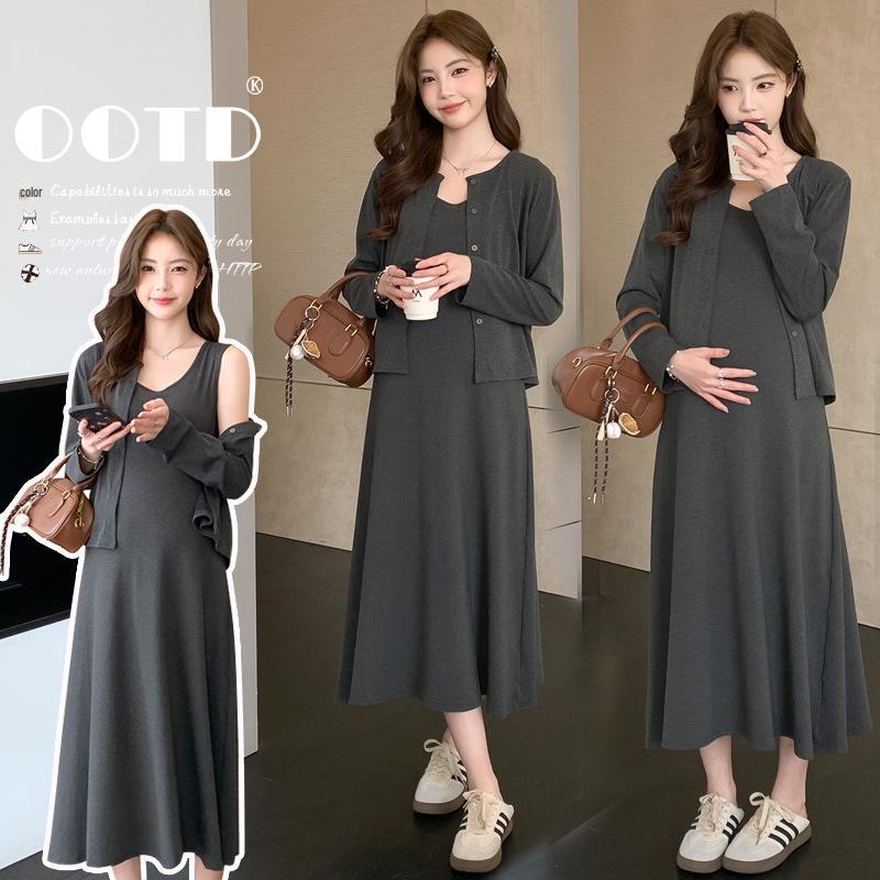 2026 Spring French Maternity Set: Long-Sleeved Cardigan & Loose Vest Dress M