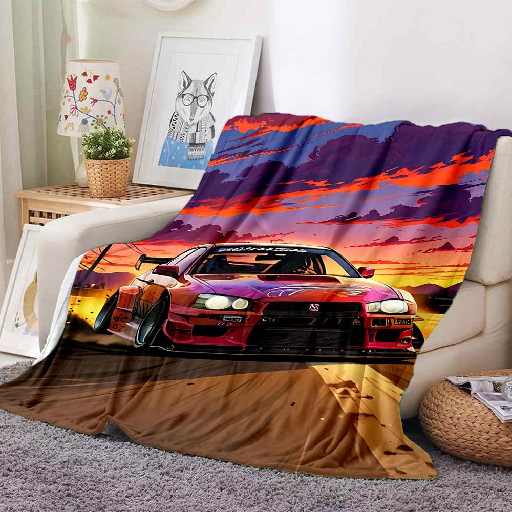 1pc Drift Car, Sunset Blanket Lightweight Flannel Blanket Throw Blanket For Sofa, Bed, Travel, Camping, Livingroom, Office, Couch