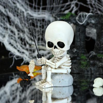 Kývající hlava Rybaření Lebka Pryskyřice Mini Kostra Rybářská Socha Halloween Gotická Dekorace Zahradní Jezírko Fontána Dekor